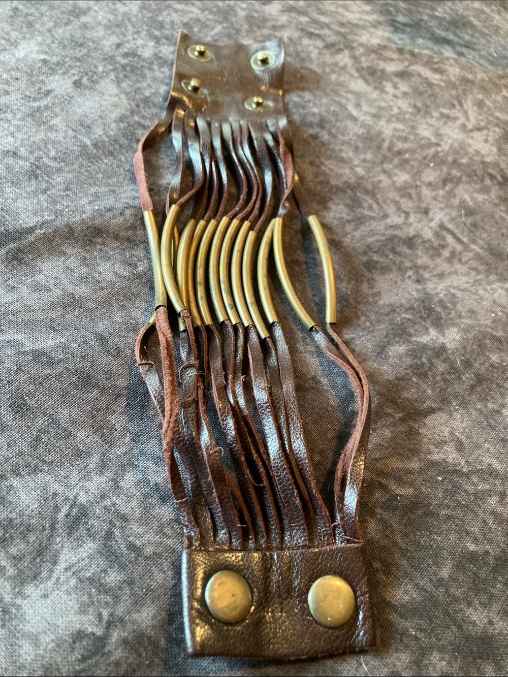 Boho Brown Leather Fringe Bracelet with Brass Accents
